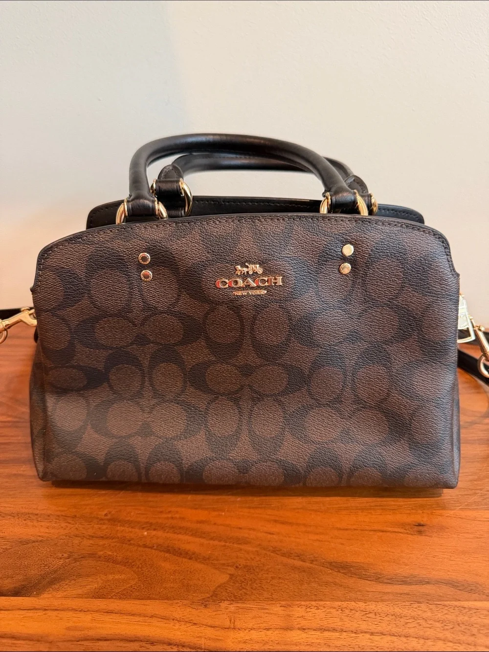 Coach 91494 Lillie Brown Signature Canvas Satchel with Black Handles